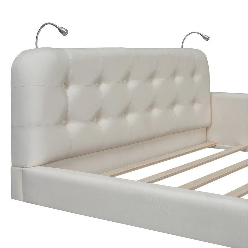 Queen PU Leather Platform Bed with Built-In Reading Lights & Tufted Headboard — White & Black
