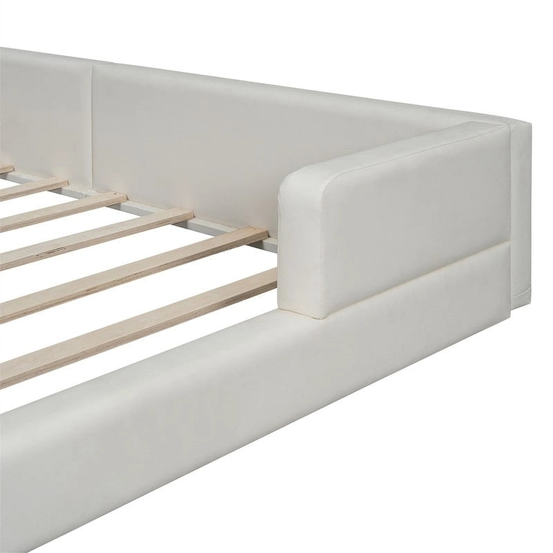 Queen PU Leather Platform Bed with Built-In Reading Lights & Tufted Headboard — White & Black