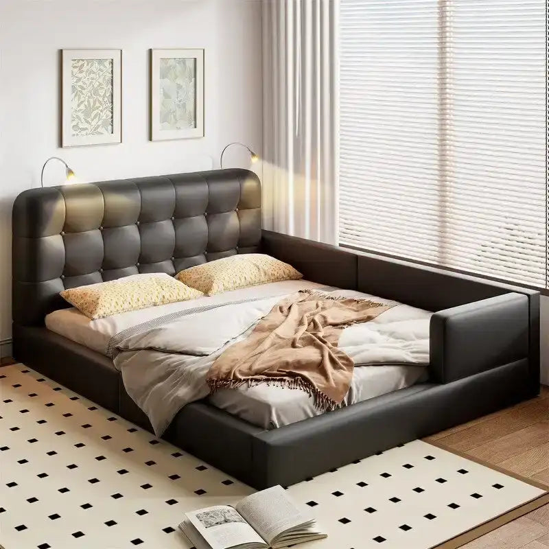 Queen PU Leather Platform Bed with Built-In Reading Lights & Tufted Headboard — White & Black