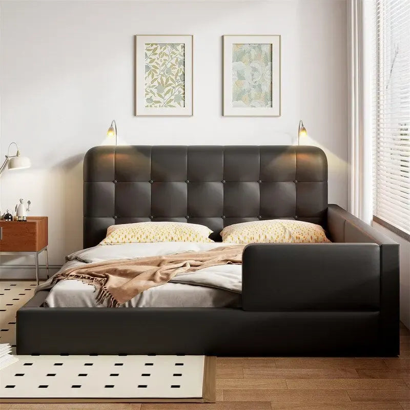 Queen PU Leather Platform Bed with Built-In Reading Lights & Tufted Headboard — White & Black