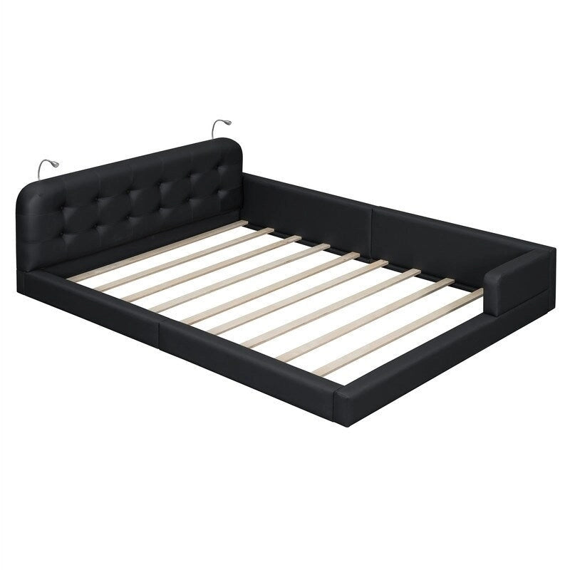 Queen PU Leather Platform Bed with Built-In Reading Lights & Tufted Headboard — White & Black