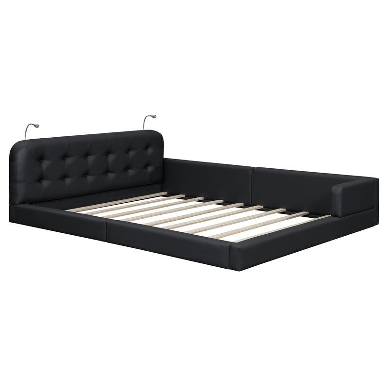 Queen PU Leather Platform Bed with Built-In Reading Lights & Tufted Headboard — White & Black
