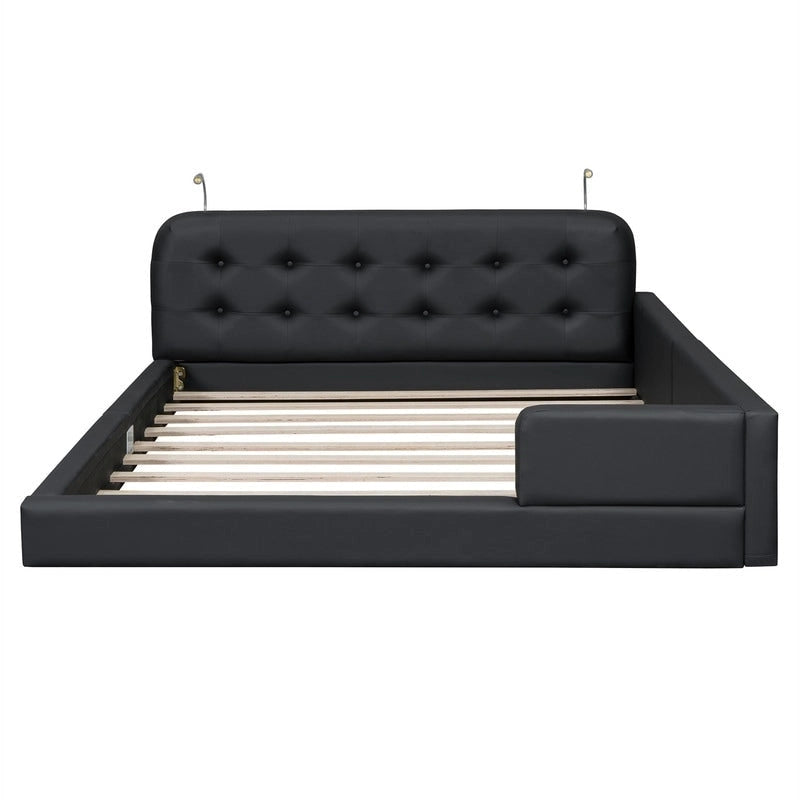 Queen PU Leather Platform Bed with Built-In Reading Lights & Tufted Headboard — White & Black