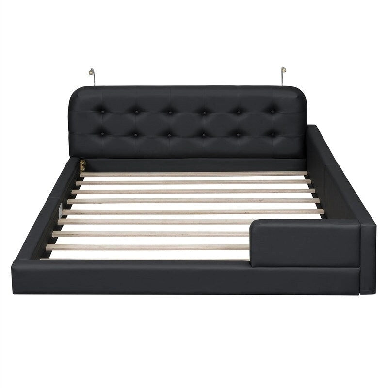 Queen PU Leather Platform Bed with Built-In Reading Lights & Tufted Headboard — White & Black