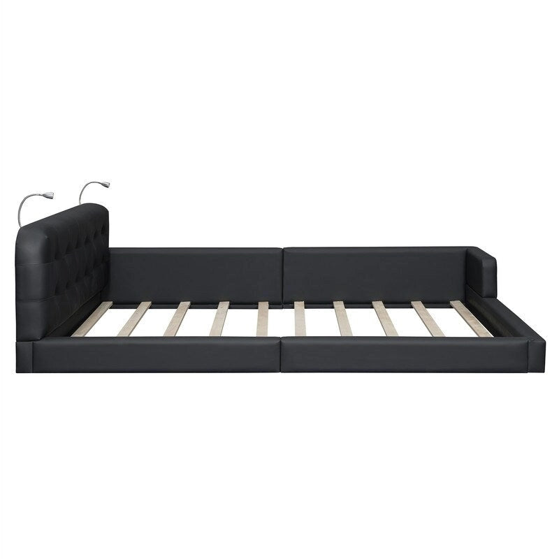 Queen PU Leather Platform Bed with Built-In Reading Lights & Tufted Headboard — White & Black