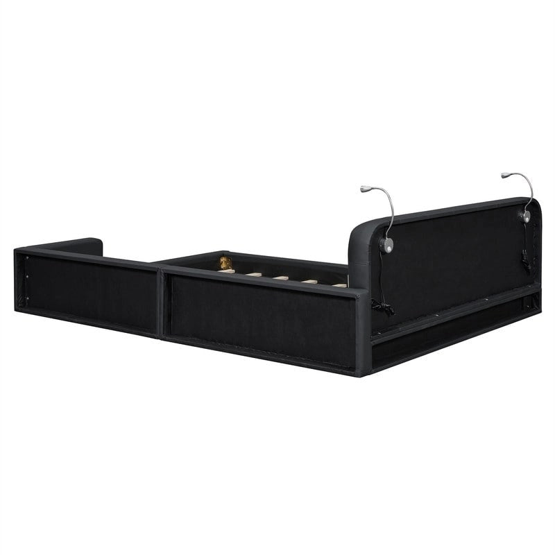 Queen PU Leather Platform Bed with Built-In Reading Lights & Tufted Headboard — White & Black
