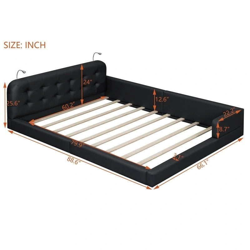 Queen PU Leather Platform Bed with Built-In Reading Lights & Tufted Headboard — White & Black