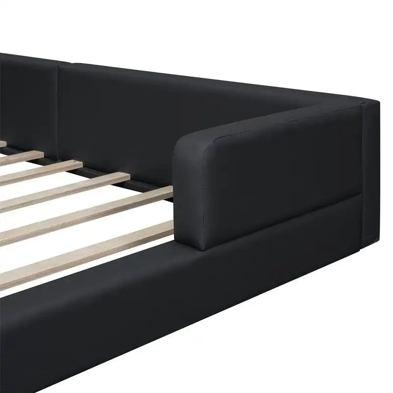 Queen PU Leather Platform Bed with Built-In Reading Lights & Tufted Headboard — White & Black