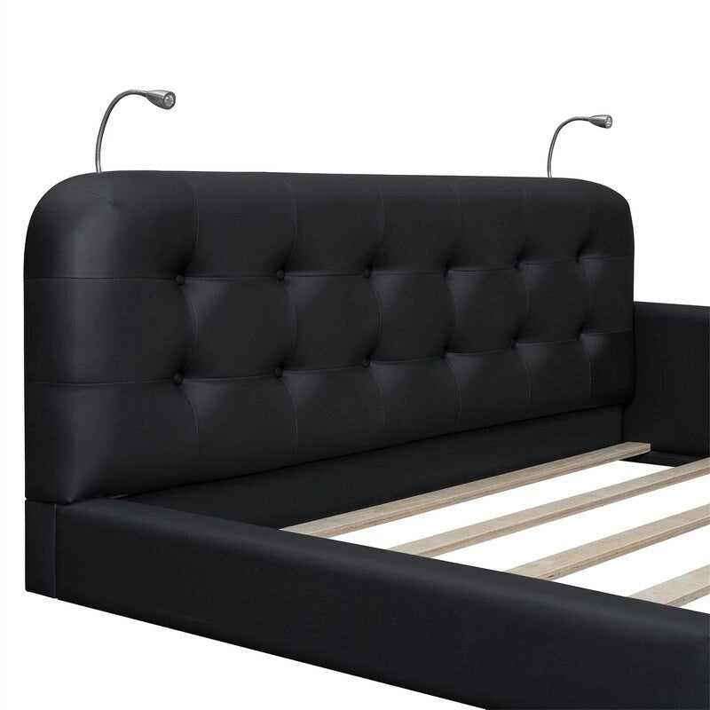 Queen PU Leather Platform Bed with Built-In Reading Lights & Tufted Headboard — White & Black