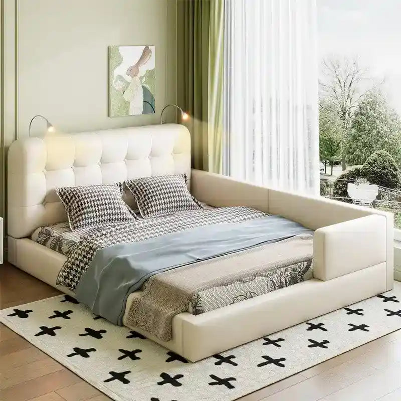 Queen PU Leather Platform Bed with Built-In Reading Lights & Tufted Headboard — White & Black