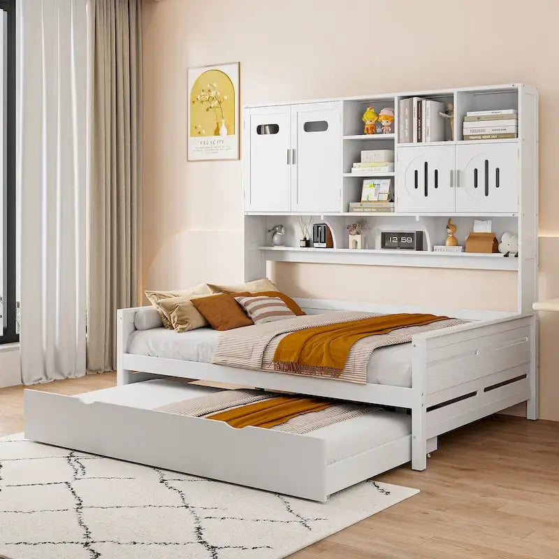 Full Size Daybed with Pull-Out Twin Trundle, Built-in Shelves & Cabinet — White