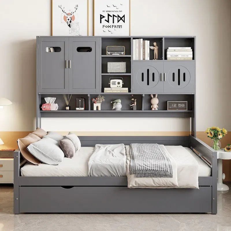 Full Size Daybed with Pull-Out Twin Trundle, Built-in Shelves & Cabinet — White