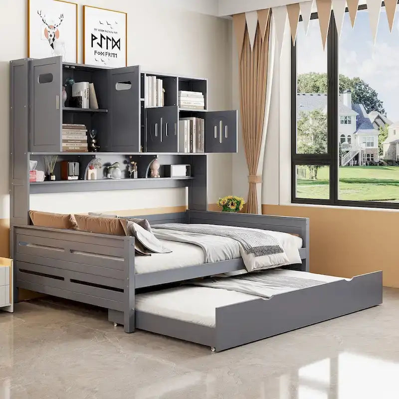 Full Size Daybed with Pull-Out Twin Trundle, Built-in Shelves & Cabinet — White