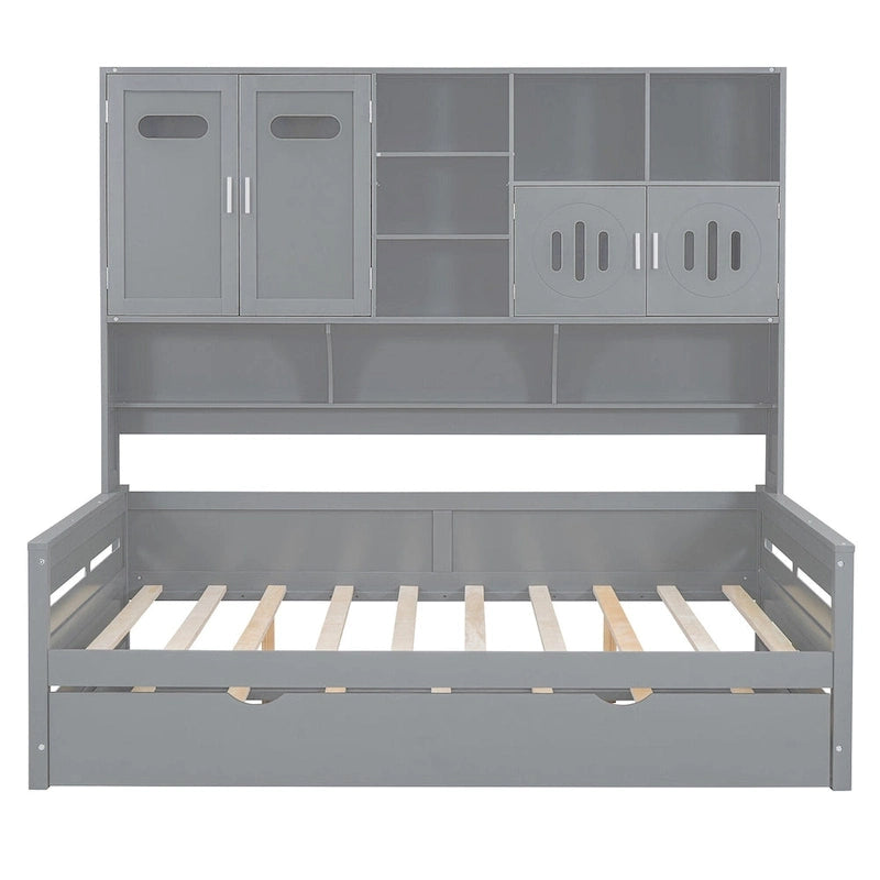 Full Size Daybed with Pull-Out Twin Trundle, Built-in Shelves & Cabinet — White