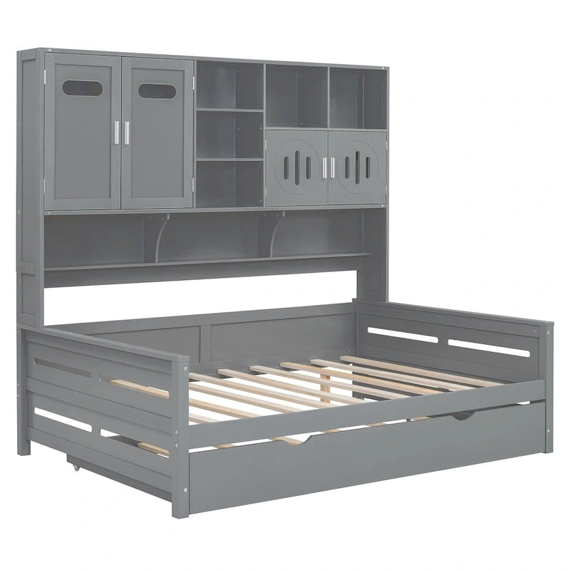 Full Size Daybed with Pull-Out Twin Trundle, Built-in Shelves & Cabinet — White
