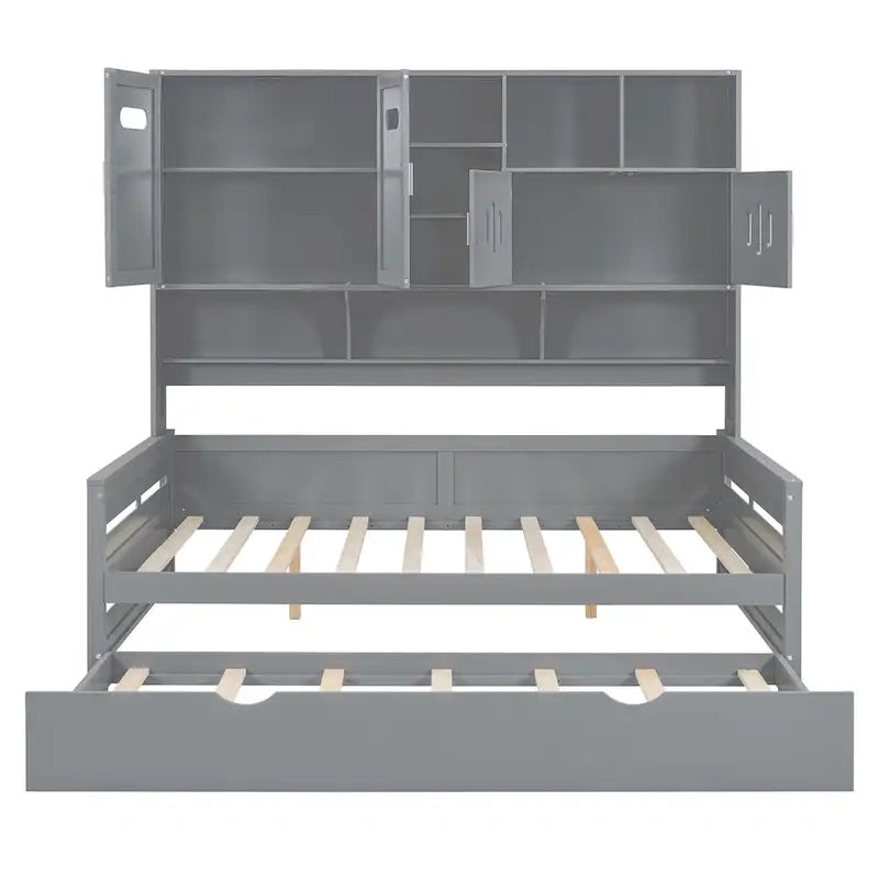 Full Size Daybed with Pull-Out Twin Trundle, Built-in Shelves & Cabinet — White
