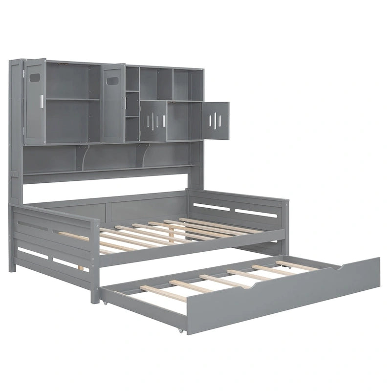 Full Size Daybed with Pull-Out Twin Trundle, Built-in Shelves & Cabinet — White