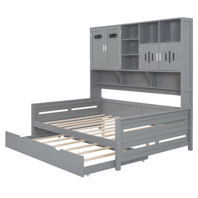 Full Size Daybed with Pull-Out Twin Trundle, Built-in Shelves & Cabinet — White