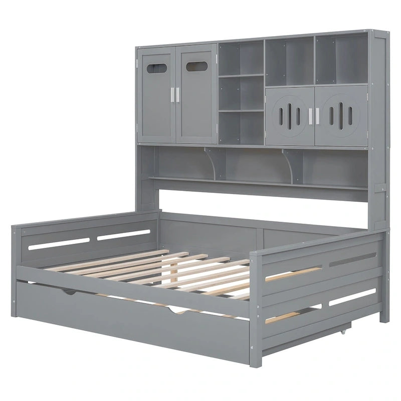 Full Size Daybed with Pull-Out Twin Trundle, Built-in Shelves & Cabinet — White