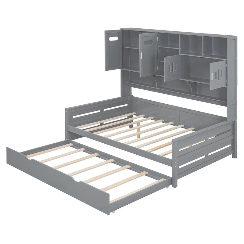 Full Size Daybed with Pull-Out Twin Trundle, Built-in Shelves & Cabinet — White
