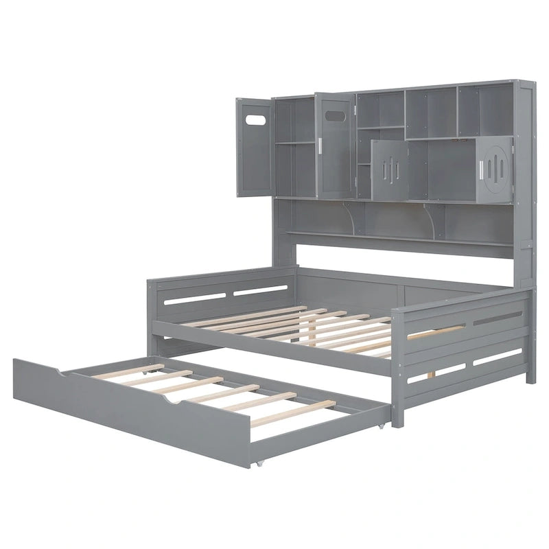 Full Size Daybed with Pull-Out Twin Trundle, Built-in Shelves & Cabinet — White