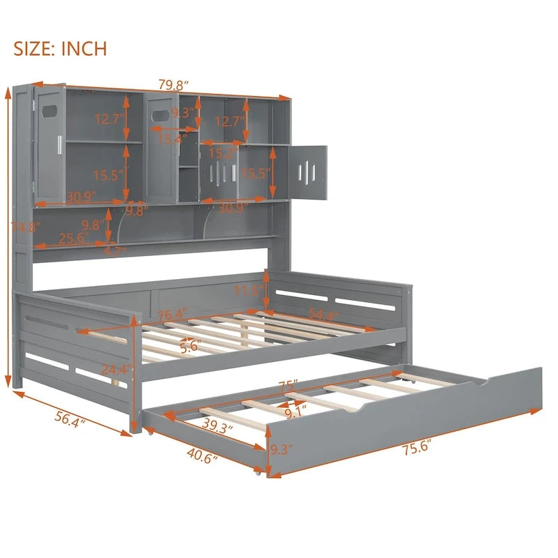 Full Size Daybed with Pull-Out Twin Trundle, Built-in Shelves & Cabinet — White