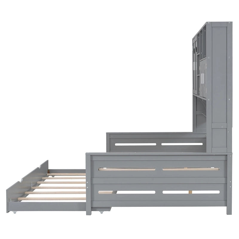 Full Size Daybed with Pull-Out Twin Trundle, Built-in Shelves & Cabinet — White