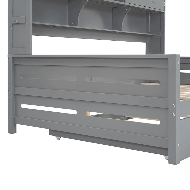 Full Size Daybed with Pull-Out Twin Trundle, Built-in Shelves & Cabinet — White