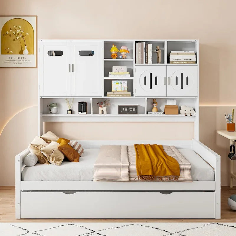 Full Size Daybed with Pull-Out Twin Trundle, Built-in Shelves & Cabinet — White