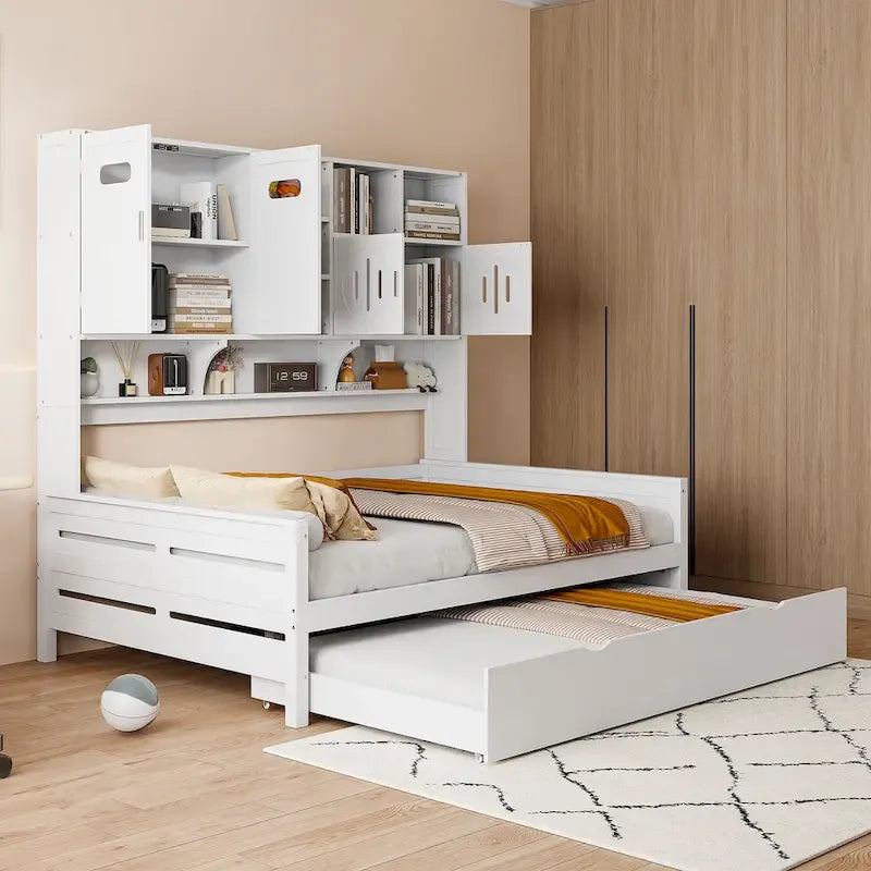 Full Size Daybed with Pull-Out Twin Trundle, Built-in Shelves & Cabinet — White