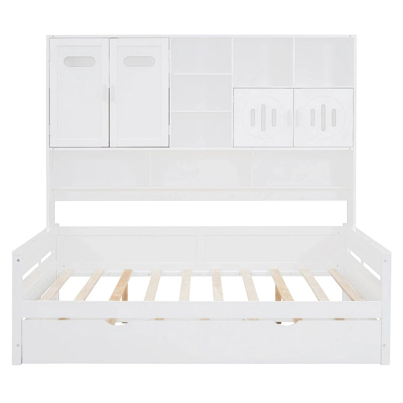 Full Size Daybed with Pull-Out Twin Trundle, Built-in Shelves & Cabinet — White