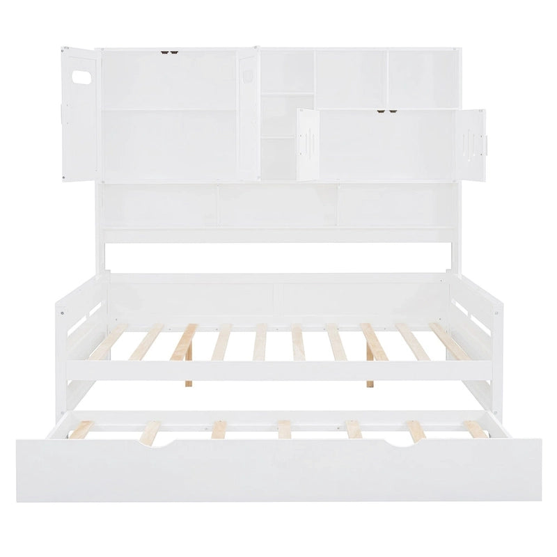 Full Size Daybed with Pull-Out Twin Trundle, Built-in Shelves & Cabinet — White