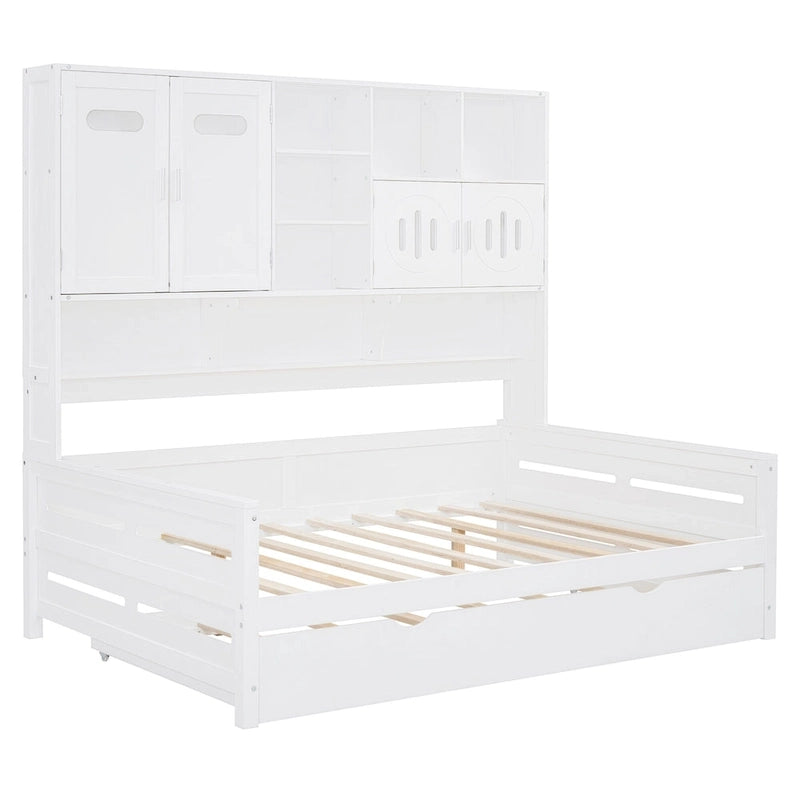 Full Size Daybed with Pull-Out Twin Trundle, Built-in Shelves & Cabinet — White