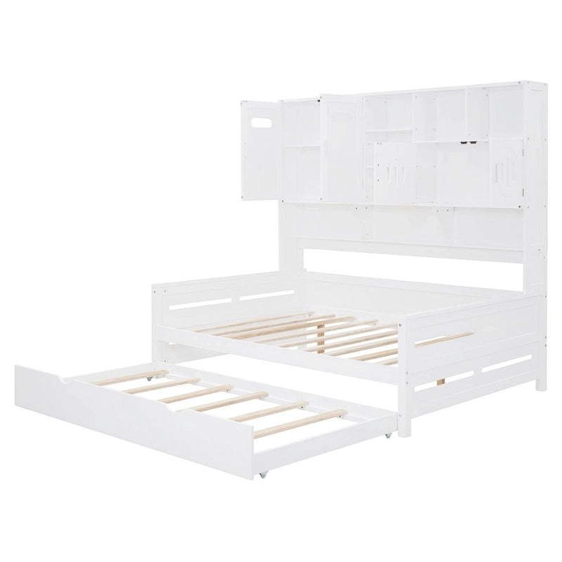 Full Size Daybed with Pull-Out Twin Trundle, Built-in Shelves & Cabinet — White