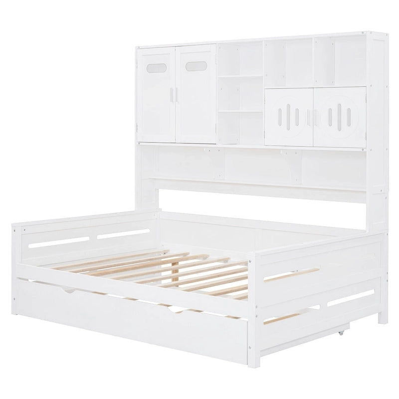 Full Size Daybed with Pull-Out Twin Trundle, Built-in Shelves & Cabinet — White