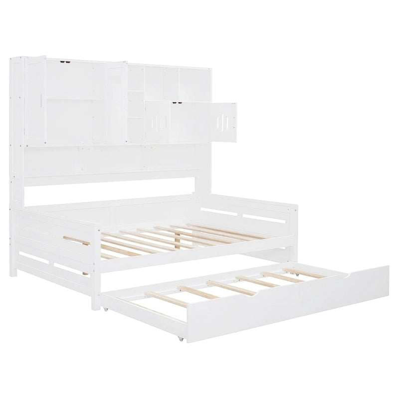 Full Size Daybed with Pull-Out Twin Trundle, Built-in Shelves & Cabinet — White
