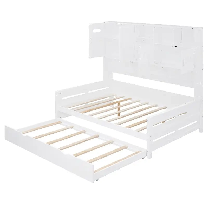 Full Size Daybed with Pull-Out Twin Trundle, Built-in Shelves & Cabinet — White