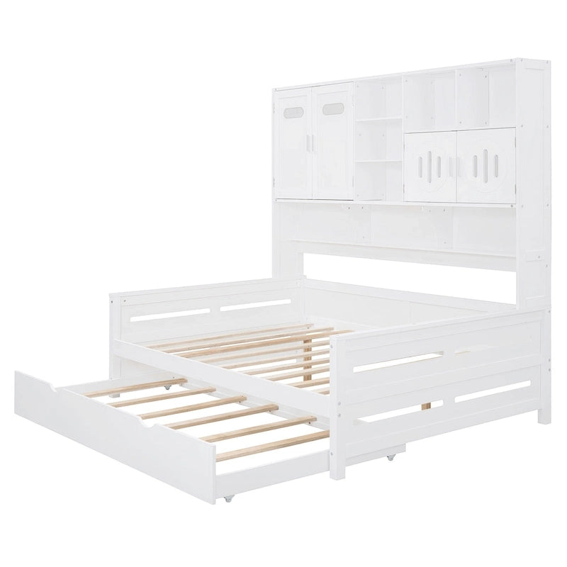Full Size Daybed with Pull-Out Twin Trundle, Built-in Shelves & Cabinet — White