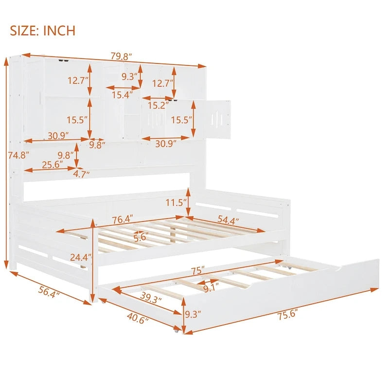 Full Size Daybed with Pull-Out Twin Trundle, Built-in Shelves & Cabinet — White