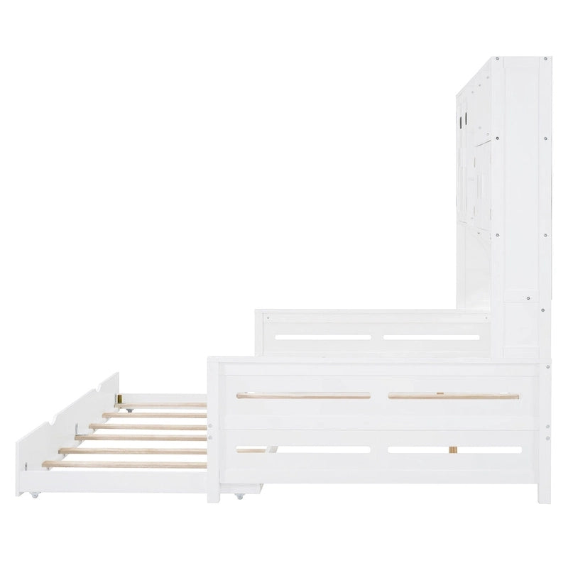 Full Size Daybed with Pull-Out Twin Trundle, Built-in Shelves & Cabinet — White
