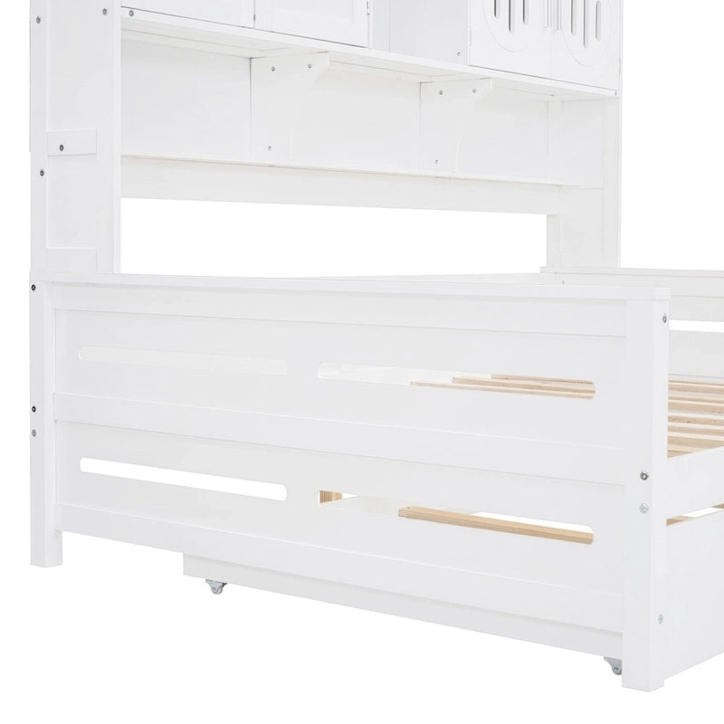 Full Size Daybed with Pull-Out Twin Trundle, Built-in Shelves & Cabinet — White