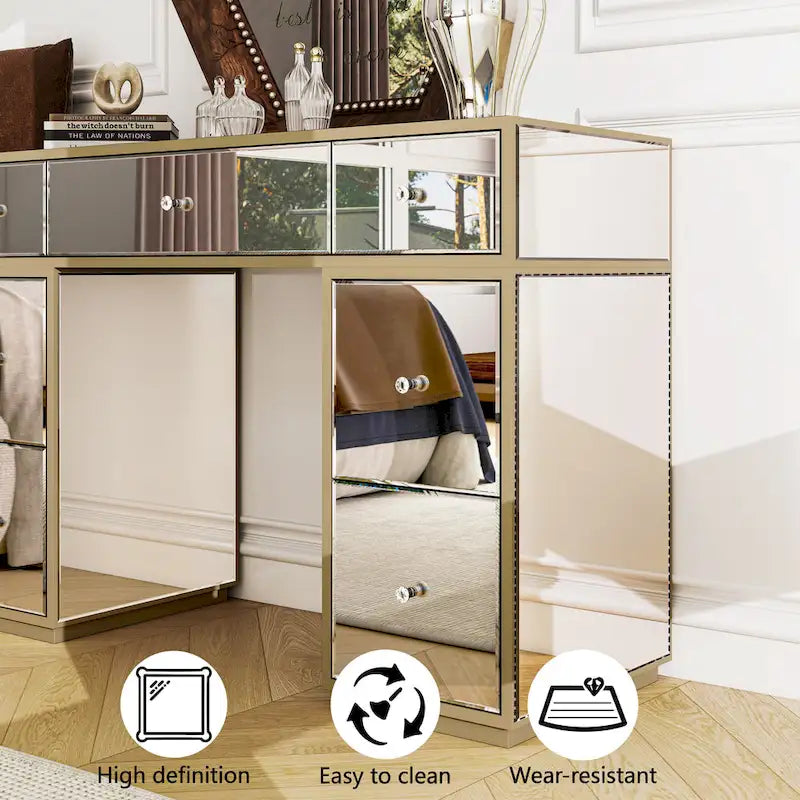 Mirrored Makeup Vanity Desk – 7 Drawers, Crystal Knobs & Gold Edge Detail