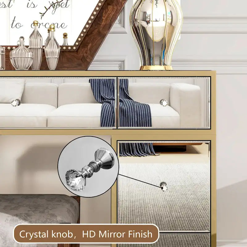 Mirrored Makeup Vanity Desk – 7 Drawers, Crystal Knobs & Gold Edge Detail