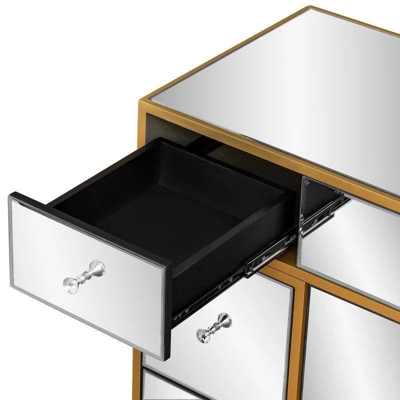 Mirrored Makeup Vanity Desk – 7 Drawers, Crystal Knobs & Gold Edge Detail