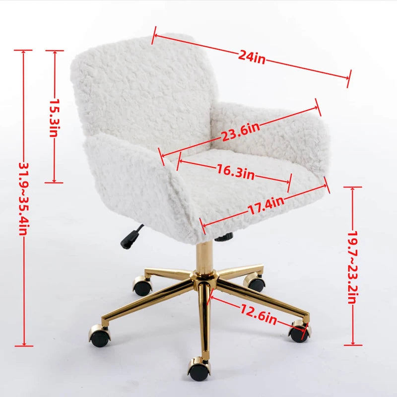 Fluffy Upholstered Reclining Office Chair with Gold Metal Base