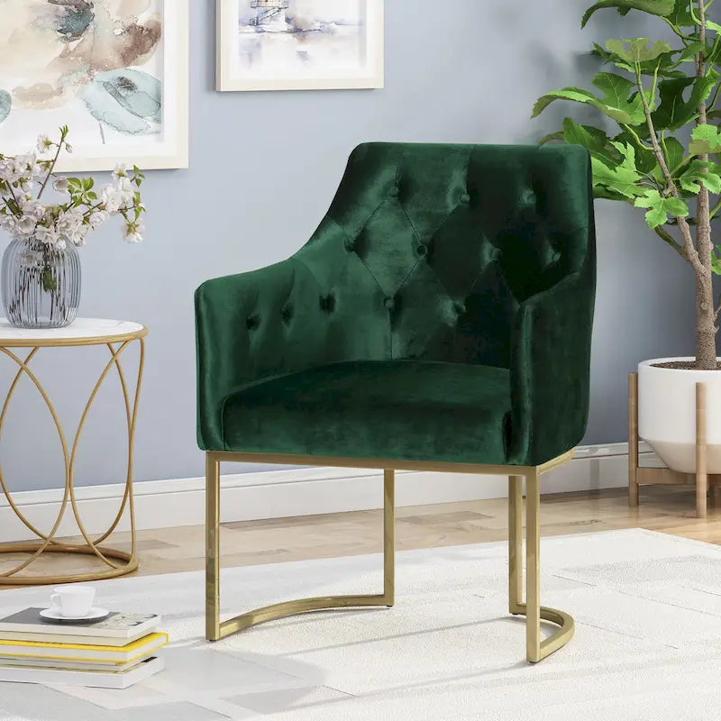 Modern Glam Velvet Tufted Accent Chair – Diamond Stitch & Gold Iron Base