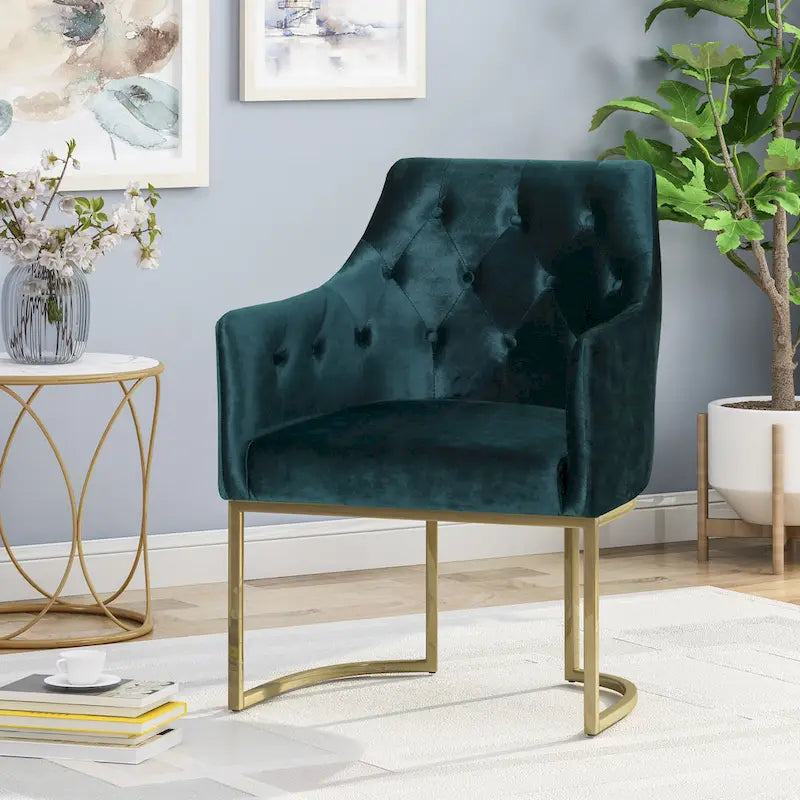 Modern Glam Velvet Tufted Accent Chair – Diamond Stitch & Gold Iron Base