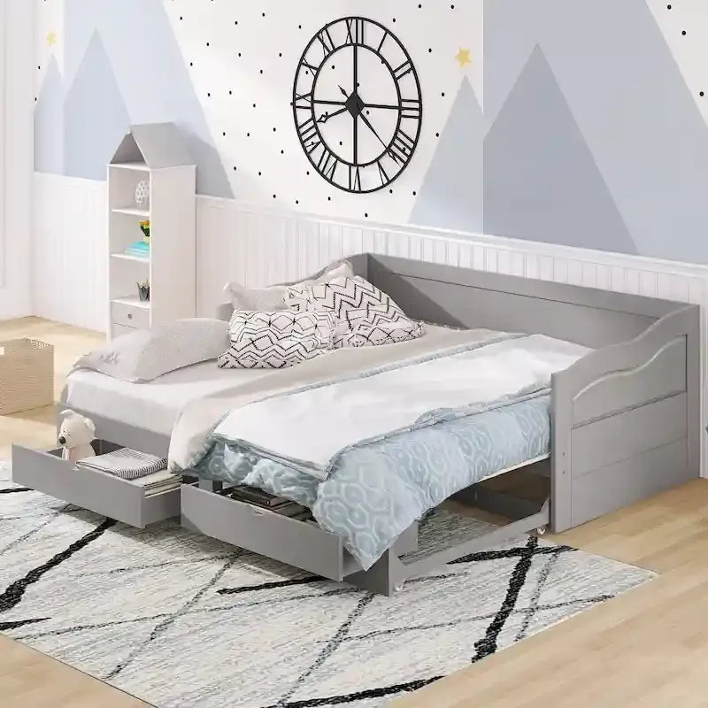 Solid Wood Daybed with Extendable Trundle & 2 Storage Drawers – Twin to King Convertible