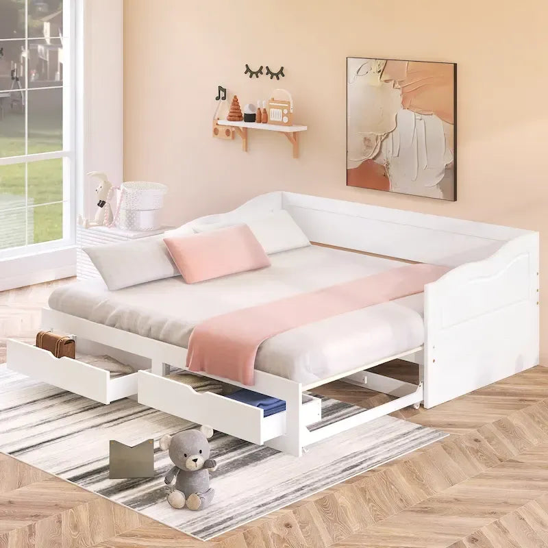 Solid Wood Daybed with Extendable Trundle & 2 Storage Drawers – Twin to King Convertible