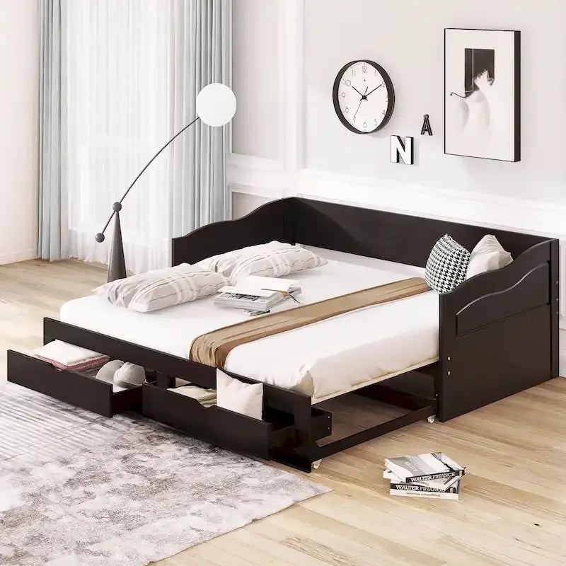 Solid Wood Daybed with Extendable Trundle & 2 Storage Drawers – Twin to King Convertible